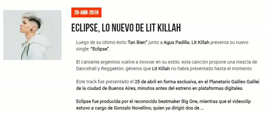 Captura de la nota: Eclipse, lo nuevo de Lit Killah