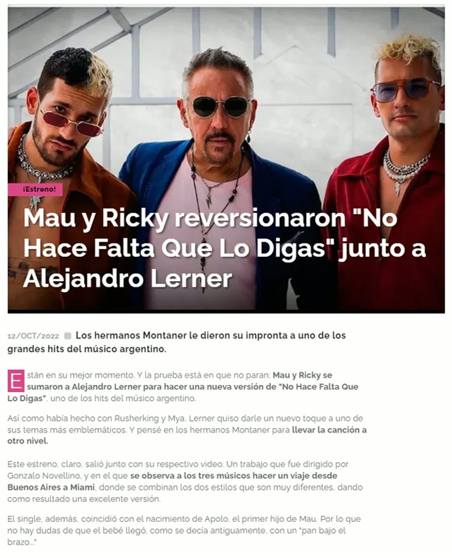 Captura de la nota: Mau y Ricky reversionaron «No Hace Falta Que Lo Digas» junto a Alejandro Lerner